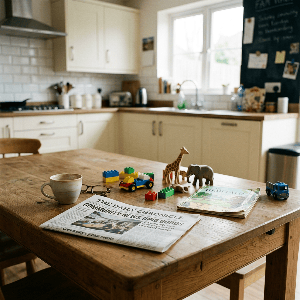 Kitchen table with newspaper, coffee cup, children's toys, and a book